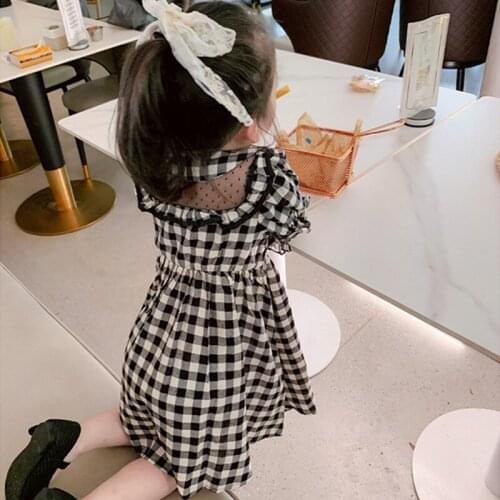 Baby Girl Black White Plaid Mesh Hollow Out A-line Dress Korean Kids Short Sleeve Princess Dress Toddler Clothes Vestido 2-7Yrs