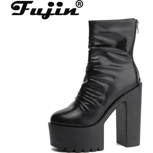 Fujin Genuine Leather Women Boots Ankle Shoes Autumn Winter Motorcycle Punk Platform Heel Shoes Booties