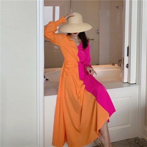 High-end Fashion Designer Sexy V-neck Color Matching Womens Waist Knotted Long-Sleeved Chic Dress Ladies Vestido de mujer
