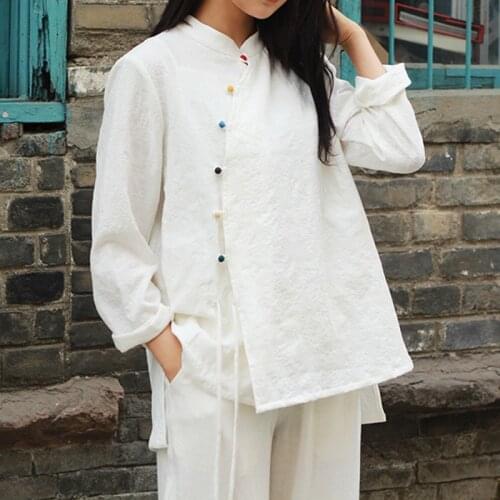 Johnature Women Chinese Style Shirts And Top Stand Long Sleeve Button Blouses 2021 Spring New Cotton Loose Casual Shirts