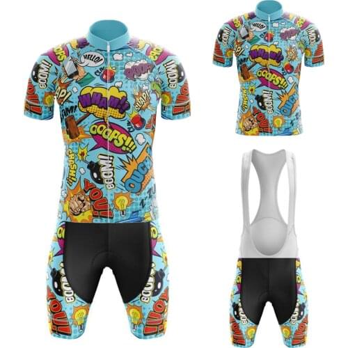 Comic New Blue Cycling Jersey Set Man Short Sleeve Bike Clothing Bib Shorts Gel Breathable Pad Summer Maillot Ciclismo Hombre