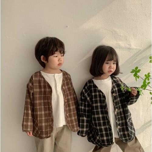 Baby Boys Jacket Cardigan 2021 Fashion Spring Autumn Plaid Printed Coats Childrens Baby Girl Pocket Cardigan Outerwear