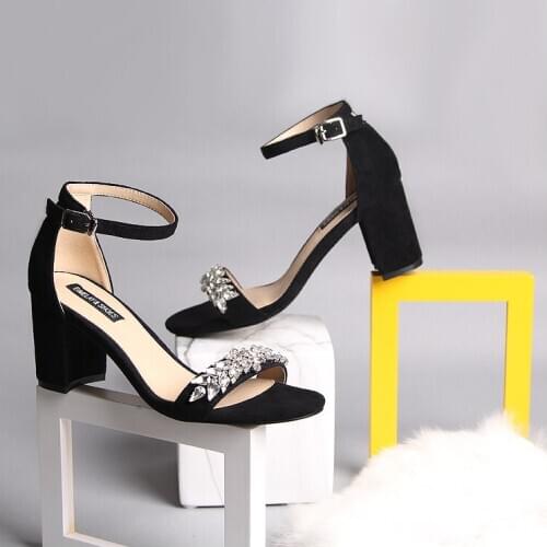 Black thick open-toe high heels summer new minimalist silver white rhinestone one-word wristband mid-heel women sandals