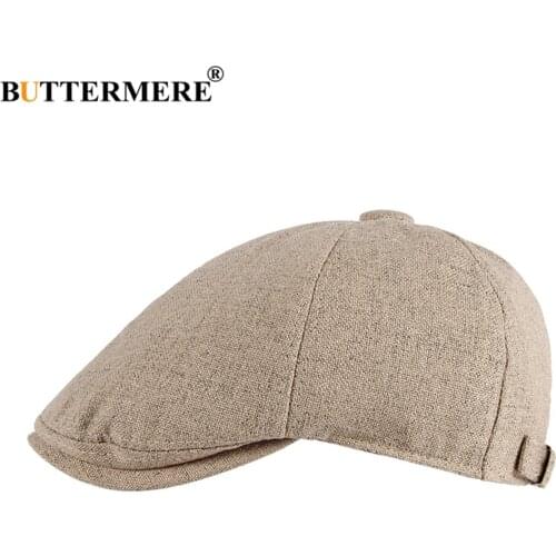 BUTTERMERE Linen Newsboy Cap Men Spring Summer Mens Beret Hats British Style Flat Cap Khaki Black Dark Brown Black