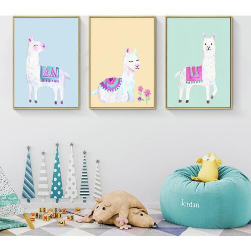 Cute Alpaca Llama Wall Art Canvas Poster Watercolor Animal Cartoon Print Nordic Kids Decorative Picture Kids Bedroom Decor