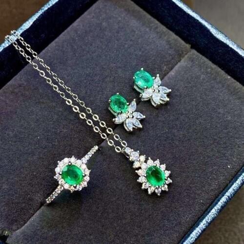 Fashion grace Sun flower Natural green Emerald jewelry sets natural gem ring Pendant earrings S925 silver woman gift jewelry