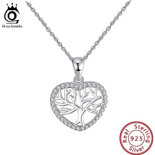 ORSA JEWELS Classic Tree of Life 925 Silver Heart Pendant Necklaces with AAAA Zircon Chain Necklace for Women Jewelry Gift SN225