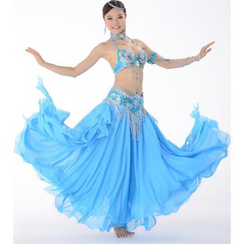12 Colors Stage Performance Oriental Belly Dancing Clothes 3-piece Suit Bead Bra, Belt & Skirt Belly Dance Costume Set