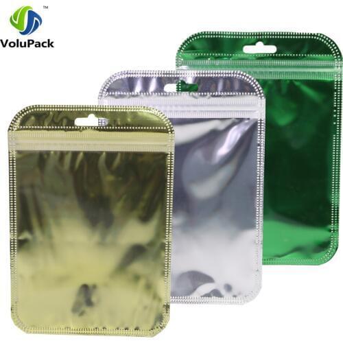 10x15cm(4x6in) Clear & Shiny Foil Gold Silver Green Hang Hole Zip Bags 100pcs Flat Gift Zip Lock Package Bag Wholesale