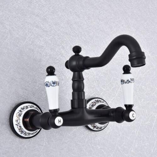 Kitchen Wet Bar Bathroom Vessel Sink Faucet Black Oil Rubbed Brass Wall Mounted Swivel Spout Mixer Tap Dual Ceramic Lever msf761