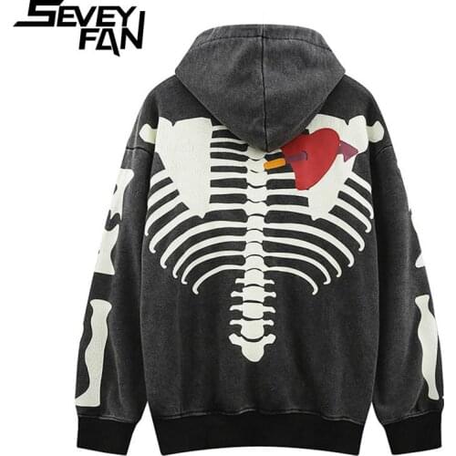 SEVEYFAN Mens Hi Street Skeleton Skull Printed Sweatshirt Hoodie Hip Hop Embroidery Pullover Streetwear for Male