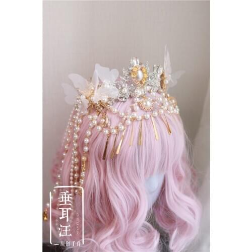 Mori Girl Sweet lolita Vintage Handmade Original Gorgeous Diamond Star Pearl Pendants Tea Party Wedding Baroque Crown Headwear