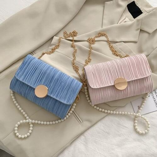 Fashion Women Pleated Shoulder Handbag Pearl Chain Casual Small Flap Crossbody Messenger Bag
