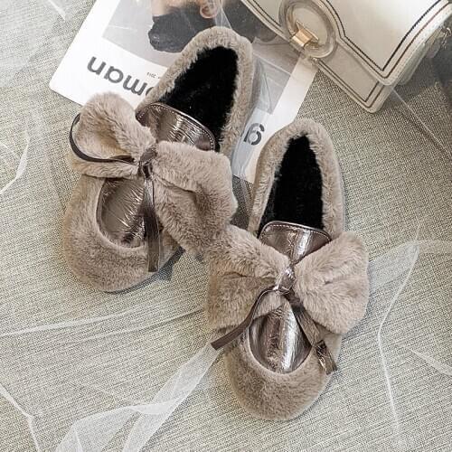Autumn Winter New Woman Flat Shoes Fashion casual peas student Bow shoes female Round head warm Hot Sale Loafers wild U12-94