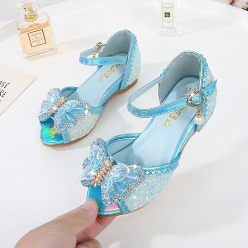 2021 new girl pearl crystal shoes high heel sequin dance fashion party bow rhinestone high quality princess sandals size 25-37