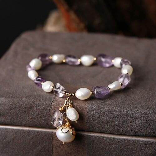 LUKENI Womens Bracelet Natural Freshwater Pearl Shaped Amethyst Bracelet Non-adjustable Ladies Exquisite Bracelet