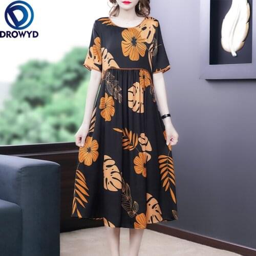 2021 Summer New Women Korean Fashion Elegant Loose Black O-neck Short Sleeve Floral Print Mid-calf A-line Dress Party Vestidos