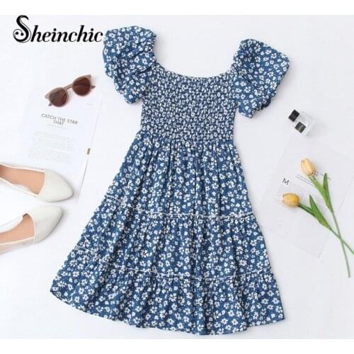 Korean Fashion Blue Floral Dresses for Women 2021 Summer Vintage Elegant Short Sleeve A-line Mini Dress Vestidos
