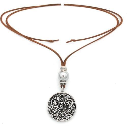 Womens vintage New Cashmere Leather Rope Flower Long Casual Sweater Chain Necklace Female Buddhist Coin Pendant Jewelry