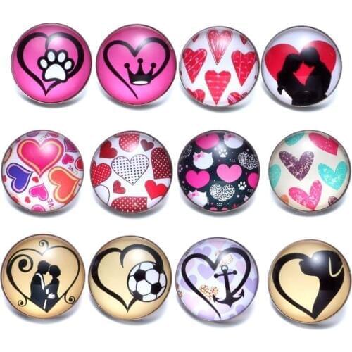 12pcs/lot Cute Love Hearts Theme Glass Charms 18mm Snap Button Jewelry For 20mm Snaps Bracelet Snap Jewelry KZ0694a