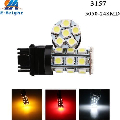 2pcs 3157 T25 24 SMD 5050 Car LED Lights Automobile Brake bulbs Turn Signal Backup stop lamp External Lights White Red Amber