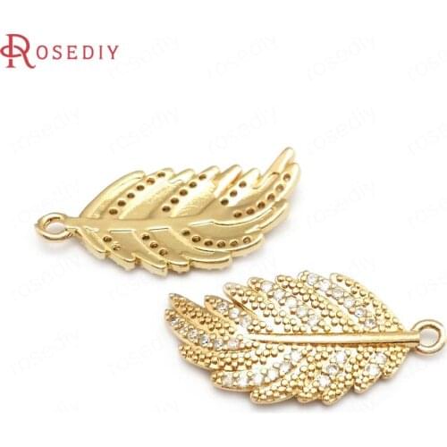 40664)6PCS 27.5x13MM 24K Champagne Gold Color Brass and Zircon Tree Leaf Charms Pendants Jewelry Making Supplies Diy Findings