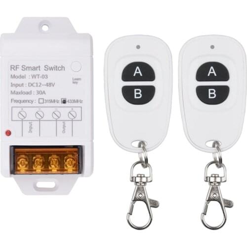 Wireless RF Switch DC 12V 24V 36V 1CH 30A Relay Remote Control Switch, Black White Transmitter，Receiver input 12-48V