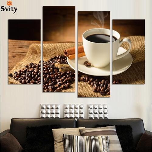 NO FRAME CANVAS ONLY 4 pieces wall pictures coffee and beans on the desk home decoration art for dinning room Free Shipping