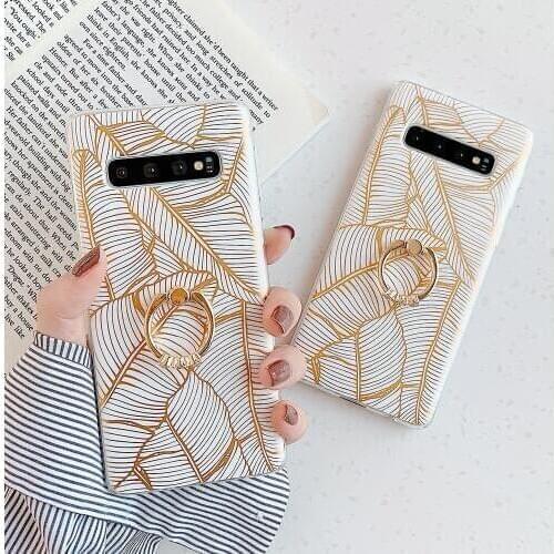 LOVECOM Gold Leaf Leaves Case For Samsung A72 A52 S21 S20 Plus A50 S10 Plus S10e S9 Note 9 10 Pro Ring Holder Plating Soft Cover