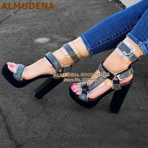 ALMUDENA Black Chunky Heel PVC Crystal Sandals Bling Bling Platform Metal Buckle Strap Shoes Clear PVC Strap Pumps Size43 Heels