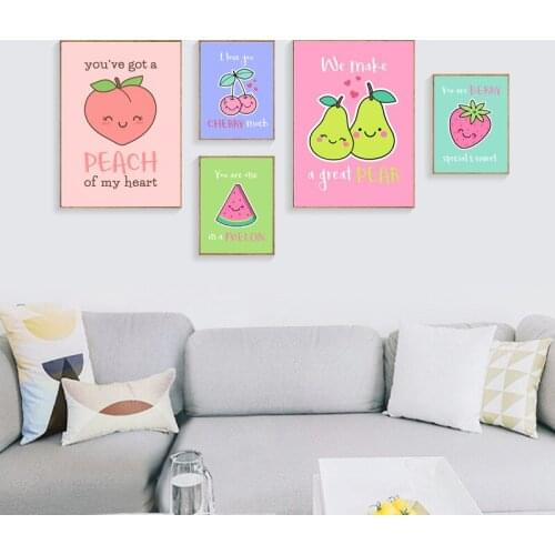 Kindergarten Cartoon Decorative Canvas Painting Colorful Infant Enlightenment English Fruit Poster Wall Art Picture For Kid Room