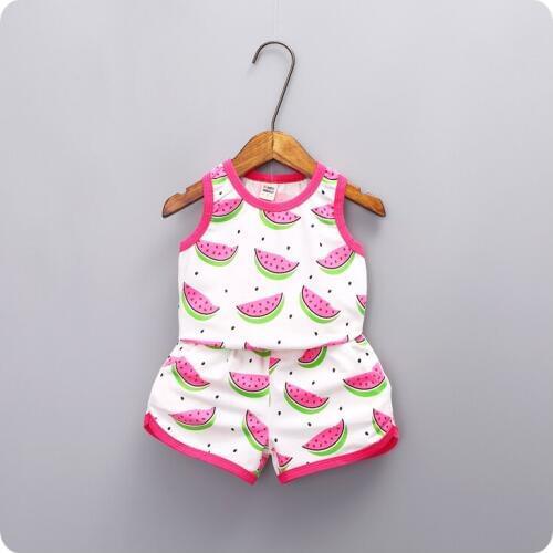 2016 Summer Korean Girl 2 Pieces Set New Pattern Childrens Garment Girl Baby Package Edge Watermelon Printing Vest Shorts Suit