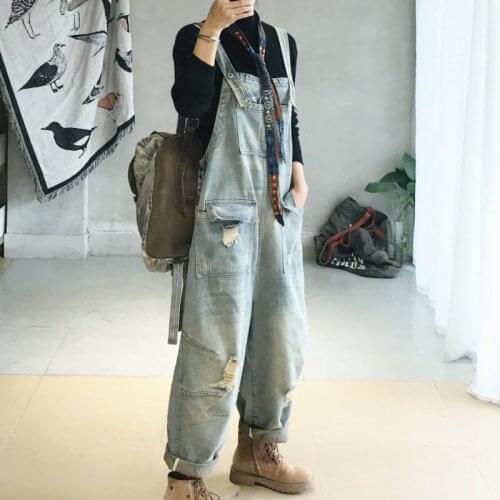 Vintage Loose Denim Jumpsuits Women Autumn Winter Ripped Hole Pocket Cowgirl Overalls Streetwear Casual Trousers Female M L