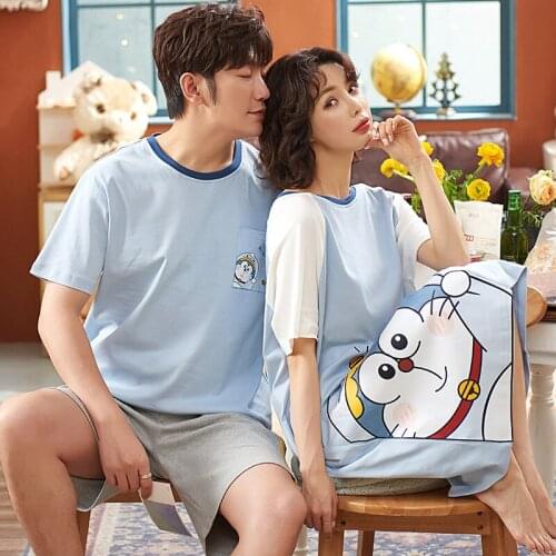 Summer Japan Anime Couple Pajamas Sets Cotton Short-Sleeve Cute Women Sleepdress Soft Elastic Waist Shorts Men Homewear