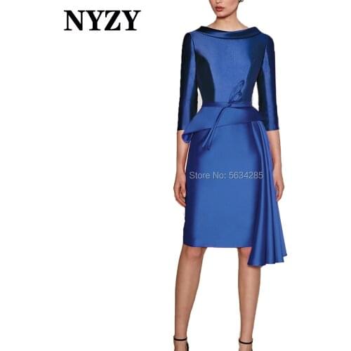 M359B NYZY Vintage Bowl Neck Satin Royal Blue Short Mother of the Bride Dresses 2021 Wedding Party Dress Robe de Cocktail