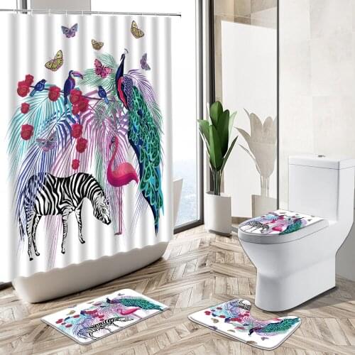Peacocks Flamingo Bird Zebra Animal Shower Curtain Set Tropical Plant Flower Color Decor Bath Mat Toilet Cover Bathroom Carpet