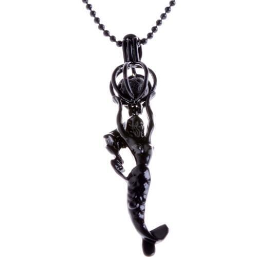 Black Paint Mermaid Essential Oil Diffuser Locket Pendant Necklace with Lava with 60cm Ball Chain XSH-465