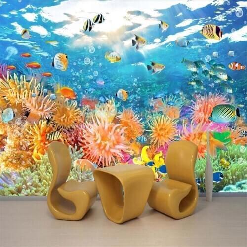 Custom 3D wallpaper mural fish tank underwater world coral reef fish school seascape background wall living room bedroom decorat