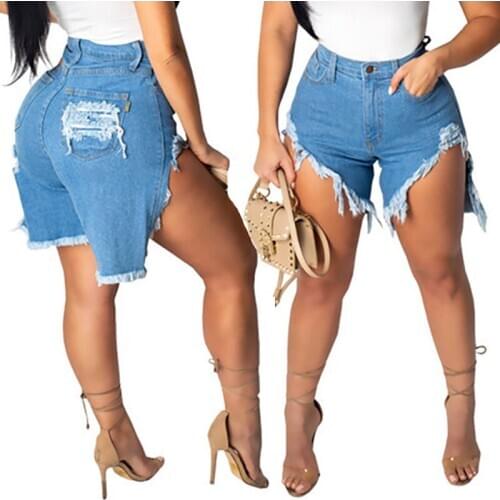 Plus Size Casual Low Waist Tassels Ripped Boyfriend Denim Shorts Women Blue Streetwear Club Party Leg Openings Short Jeans Pants