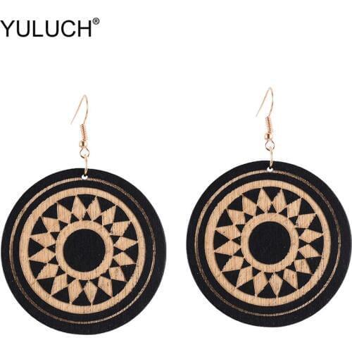 YULUCH Fashion 5 Colors Round Wooden Sculpture Gear Pop Drop Earrings Ethnic African Indian Handmade Hanging Earrings For Women