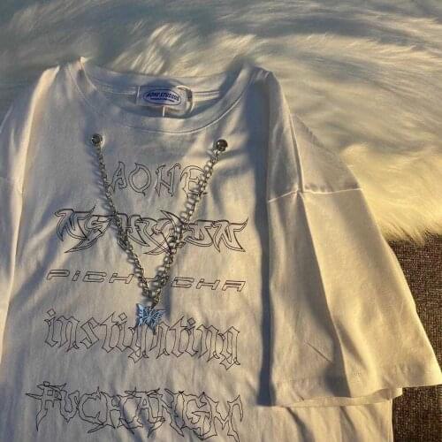 Chain short-sleeved t-shirt female ins loose plus size couple Harajuku BF half-sleeved top female t-shirt y2k top Harajuku