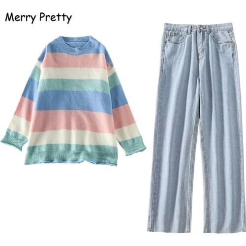 Merry Pretty 2 piece set women Rainbow Striped Long Sleeve Sweet Sweater +High Waist Denim Pants Cowboy Trousers 2 Pcs women set