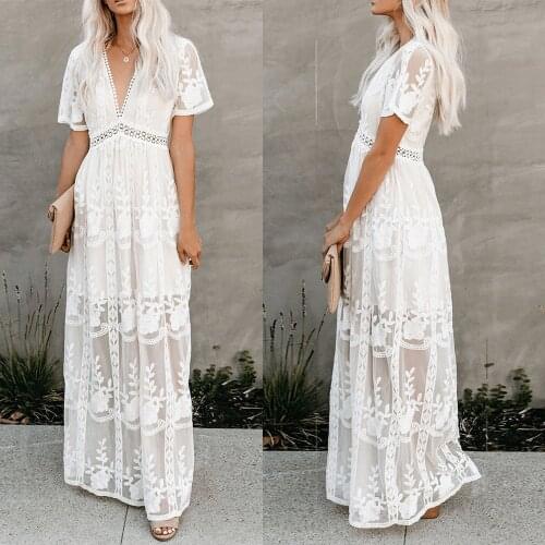 2021 Summer Boho Women Maxi Dress Loose Embroidery White Lace long Tunic Beach Dress Vacation Holiday Women Clothing