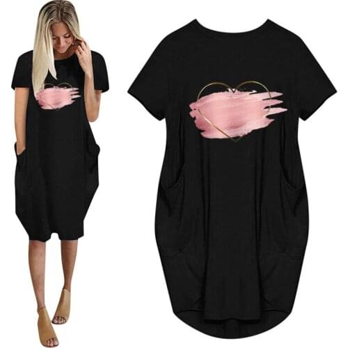 Watercolor Cute Love Valentine Print Women Summer Short Sleeve Dress With Pocket Ladies Fashion O Neck Tops Female T Shirt Dress