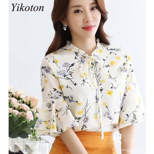 Womens Summer Blouses 2021 Slim Plus Size 4XL Top V neck Bow Ruffles Print Chiffon Blouse Women Short Sleeve Shirts Ladies Tops