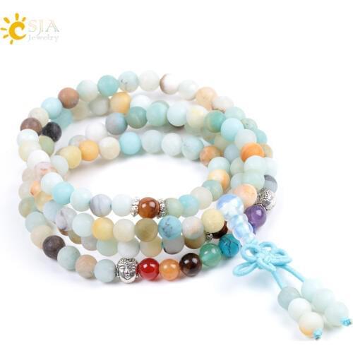 CSJA Chakra Natural Amazonite Stone Bracelet 6mm 108 Prayer Mala Bead Buddha Frosted Bangle or Necklace for Energy Jewelry F040