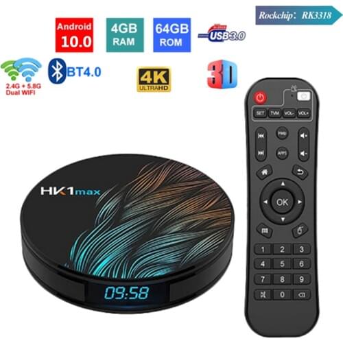 Caixa de tv android 10.0 hk1 max wifi bt4.0 rk3318 quad core 4k 1080p hd completo hk1max android tv conjunto superior caixa medi