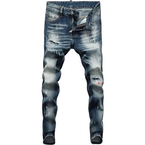 European Street Fashion Men Jeans High Quality Retro Blue Slim Fit Ripped Jeans Men Painted Designer Hip Hop Denim Punk Pants