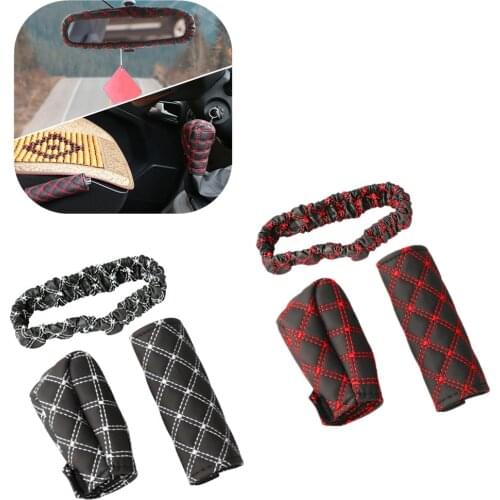 Universal 3PCS Car Mirror Gear Shift Knob Cover Hand Brake Cover Sleeve Faux Leather Car Interior Mirror Shift Knob Cover