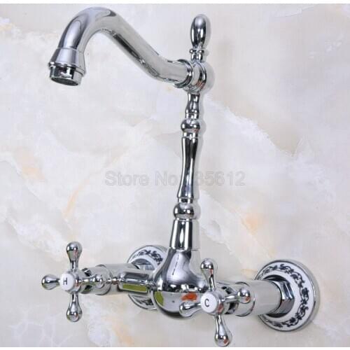 Chrome Wall Mount Double Handle Bathroom Faucet Vanity Vessel Sinks Mixer Tap Cold And Hot Water Tap tnf966